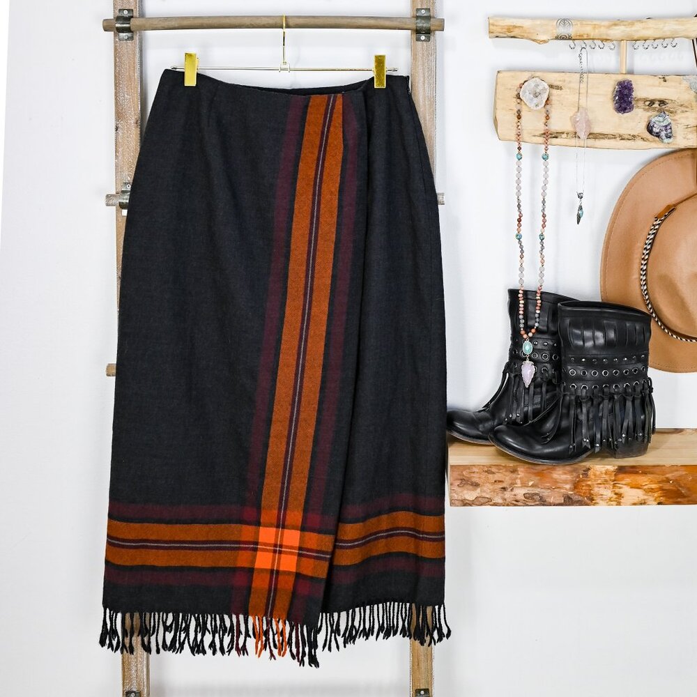 M/L 100% Wool Fringe Midi Skirt Western Plaid Wrap Charcoal Gray